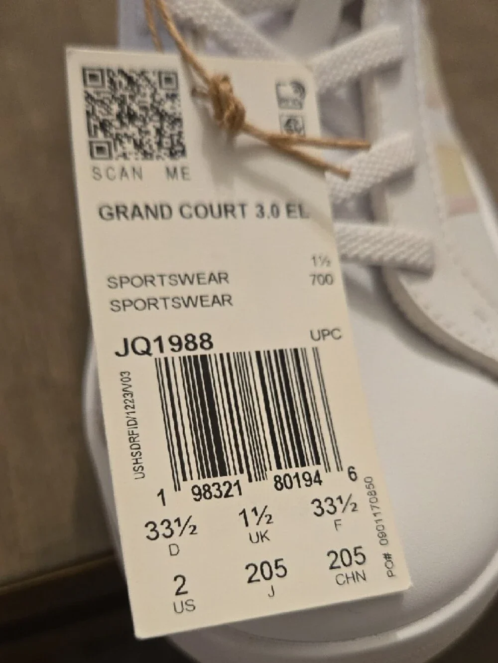 adidas Kids White Grand Court 3.0 EL Sneakers with Hook-and-Loop Strap
